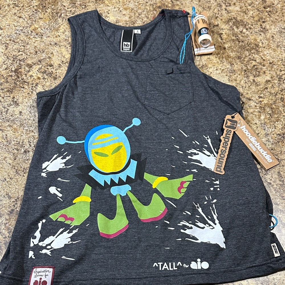 hb Charcoal Tank Top with Green & Blue Alien Graphic